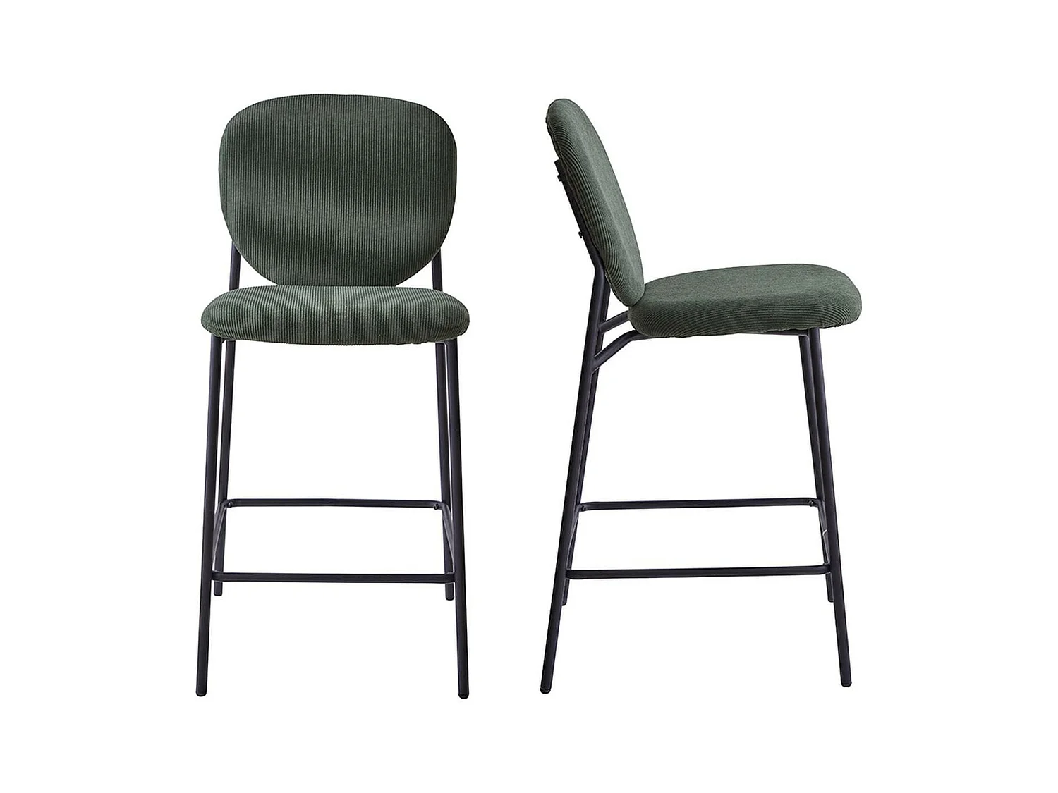 Lot de 2 tabourets de bar en velours côtelé vert, piètement métal noir - Betty