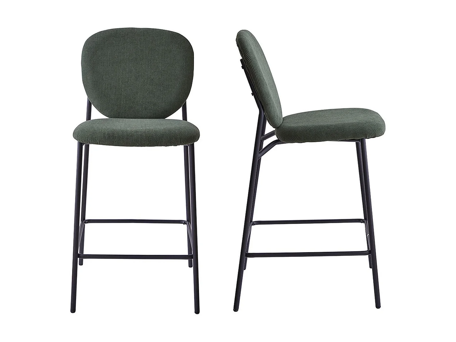 Lot de 2 tabourets de bar en velours côtelé vert, piètement métal noir - Betty
