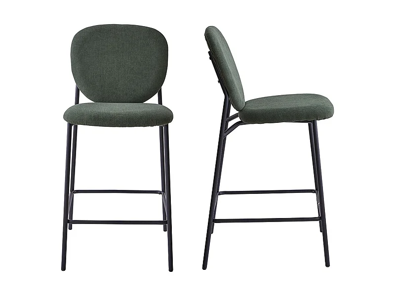 Lot de 2 tabourets de bar en velours côtelé vert, piètement métal noir - Betty