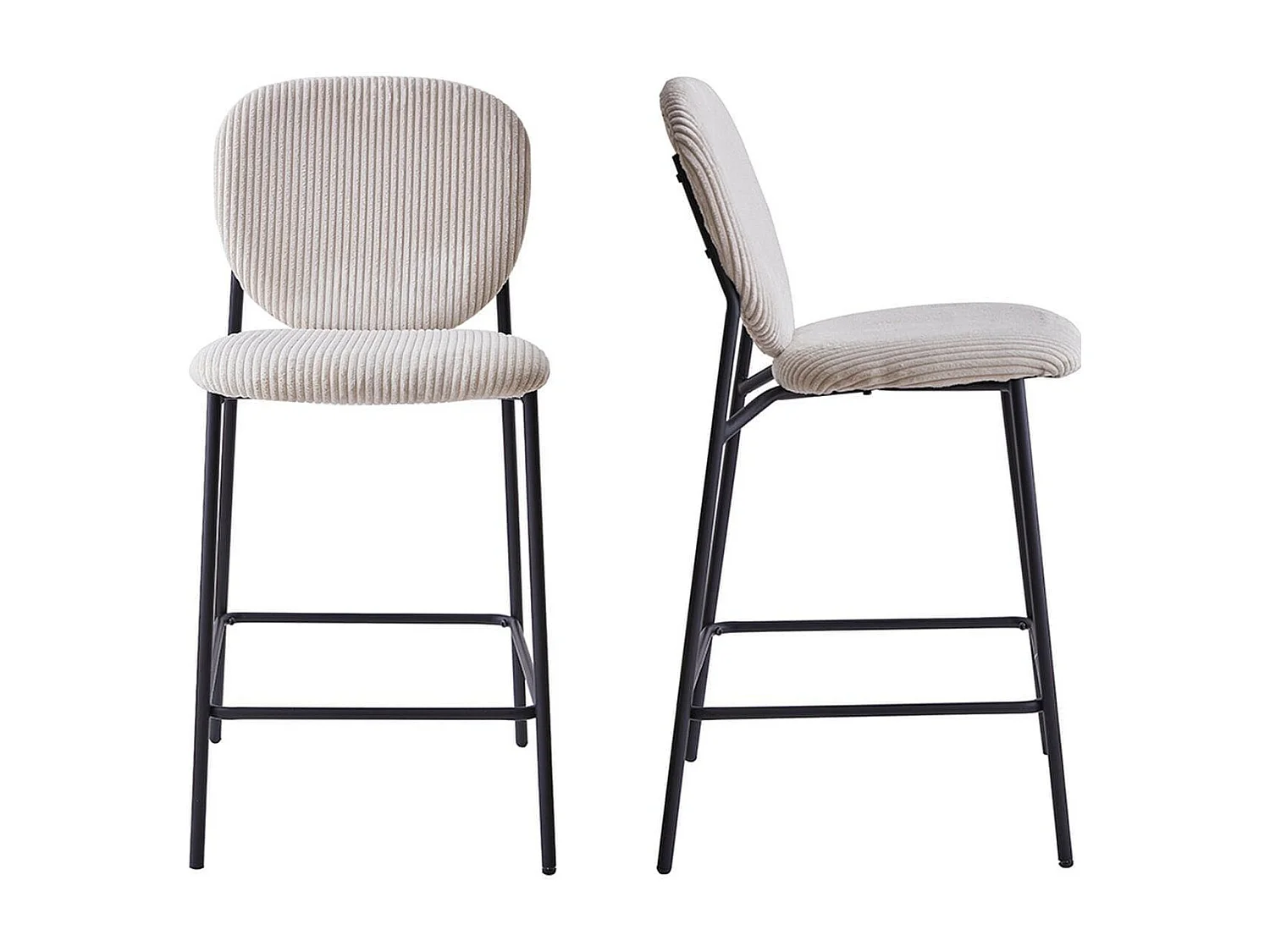 Lot de 2 tabourets de bar en velours côtelé beige, piètement métal noir - Betty