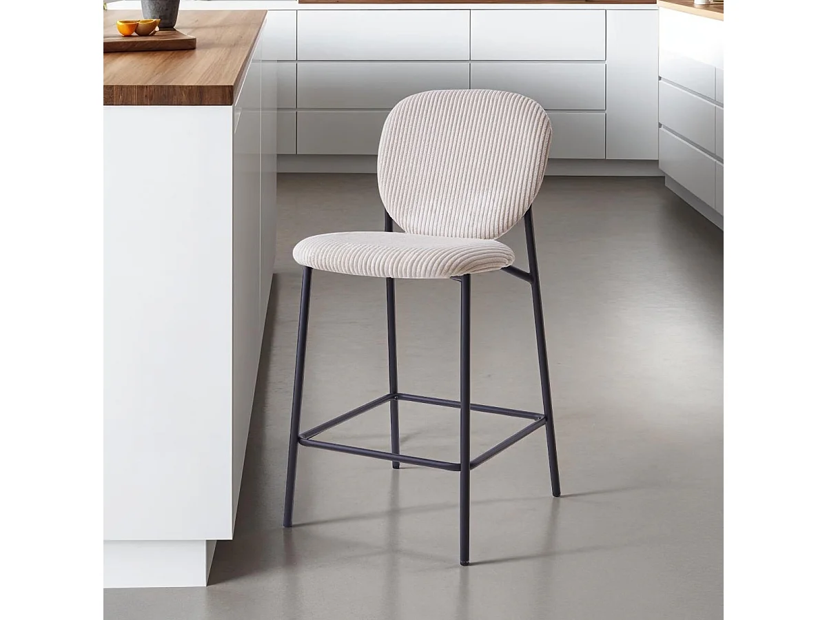 Lot de 2 tabourets de bar en velours côtelé beige, piètement métal noir - Betty