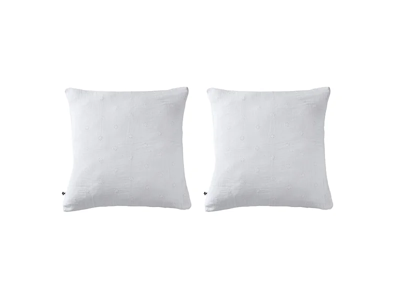 Lot de 2 taies d'oreillers brodées double gaze de coton blanc 60x60