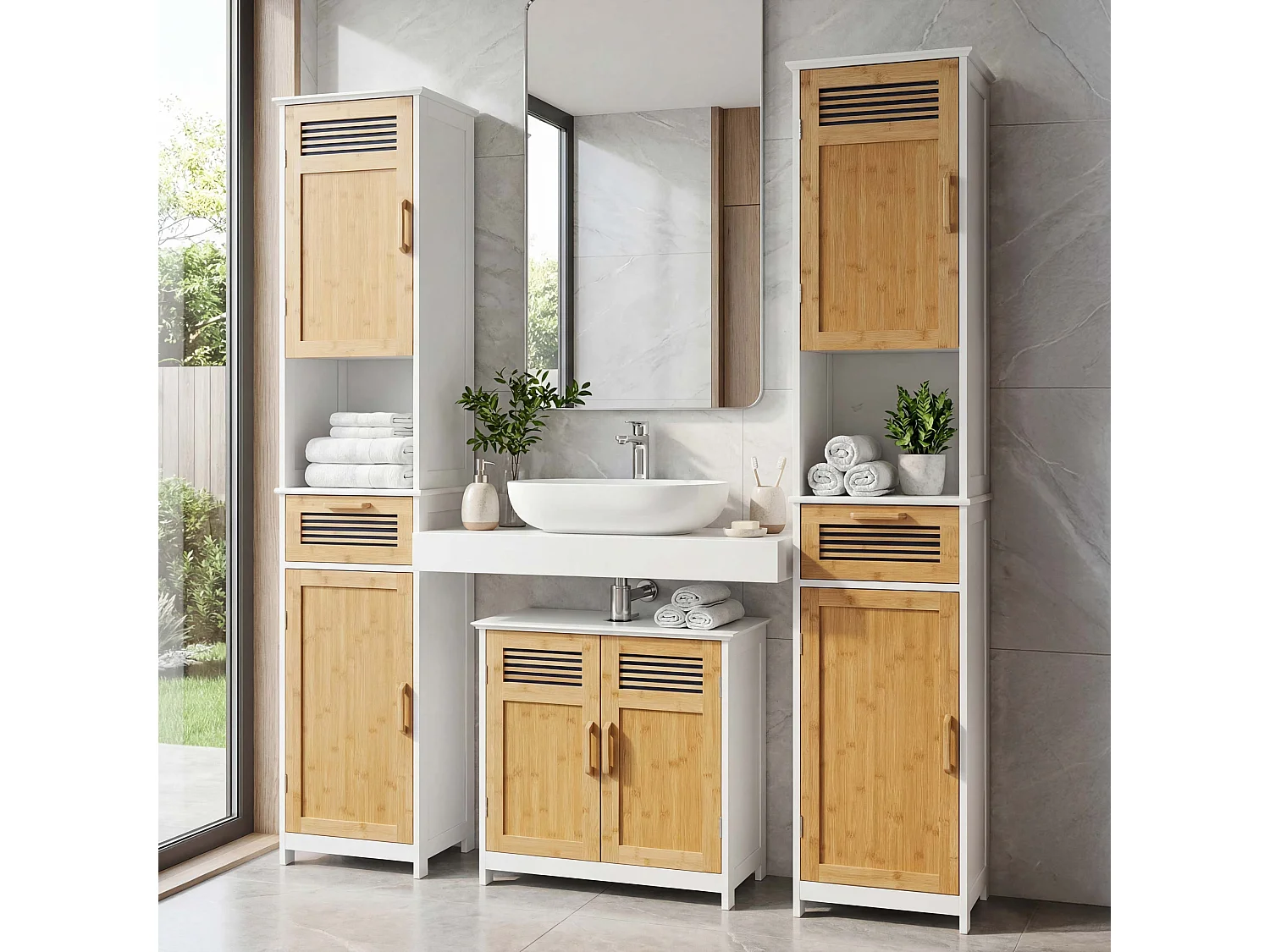 Arredo bagno serie MCW-A85 legno bambu e MDF set sottolavabo e 2 mobili alti