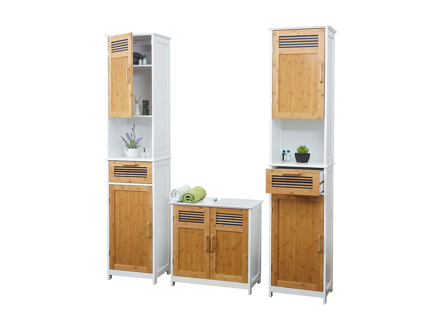 Arredo bagno serie MCW-A85 legno bambu e MDF set sottolavabo e 2 mobili alti