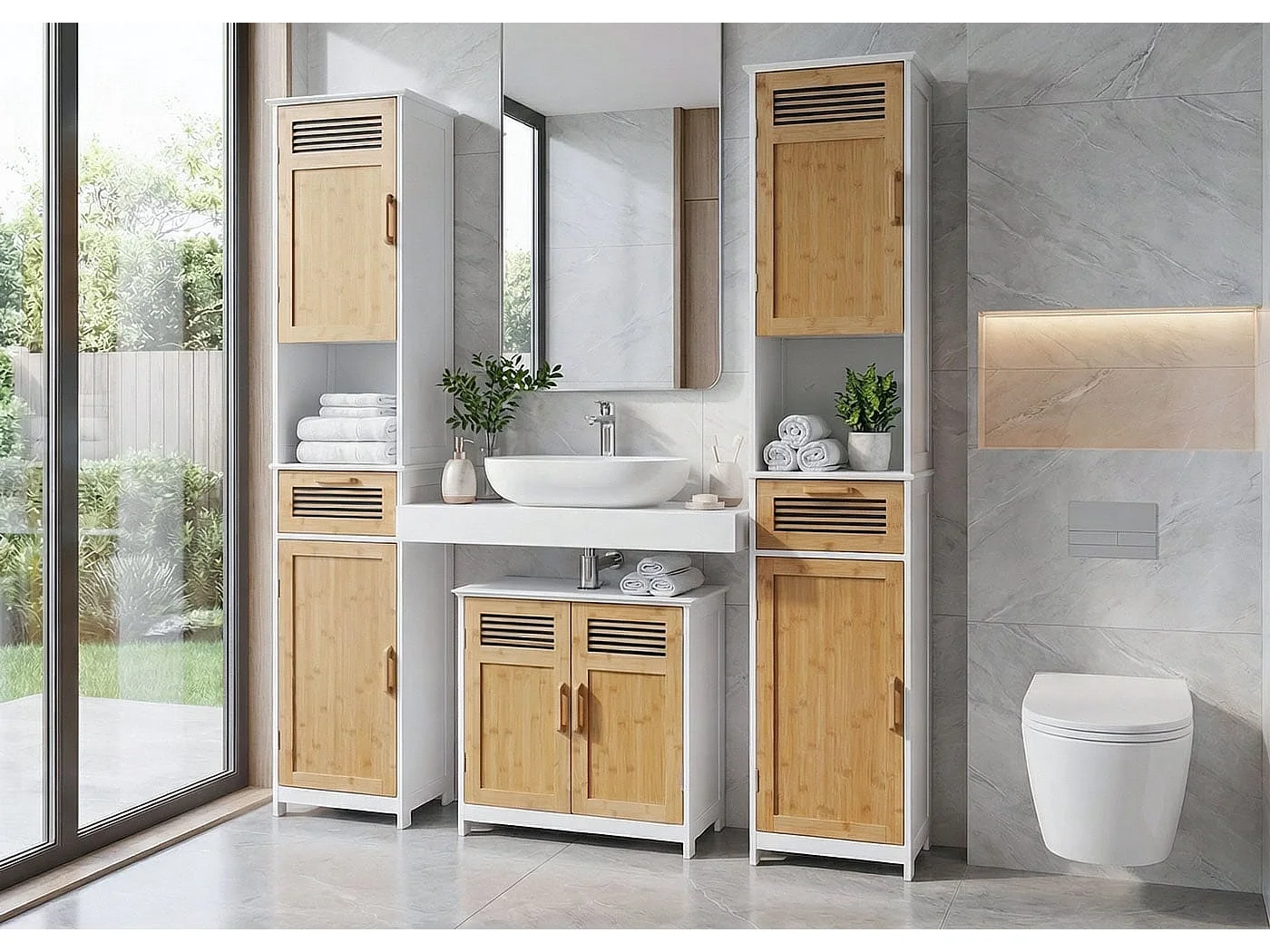 Arredo bagno serie MCW-A85 legno bambu e MDF set sottolavabo e 2 mobili alti