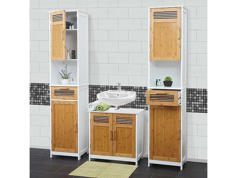Arredo bagno serie MCW-A85 legno bambu e MDF set sottolavabo e 2 mobili alti
