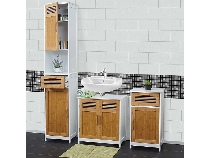 Arredo bagno serie MCW-A85 legno bambu e MDF set sottolavabo, mobile alto e basso 3 pezzi