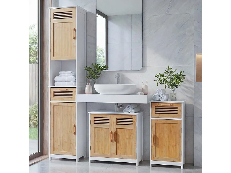 Arredo bagno serie MCW-A85 legno bambu e MDF set sottolavabo, mobile alto e basso 3 pezzi