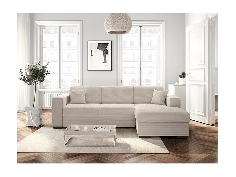Canapé d'angle droit 4 places Fuji XL convertible avec coffre en velours côtelé - Beige - L262 x P157 x H83cm - Loungitude