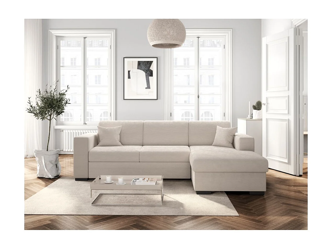 Canapé d'angle droit 4 places Fuji XL convertible avec coffre en velours côtelé - Beige - L262 x P157 x H83cm - Loungitude