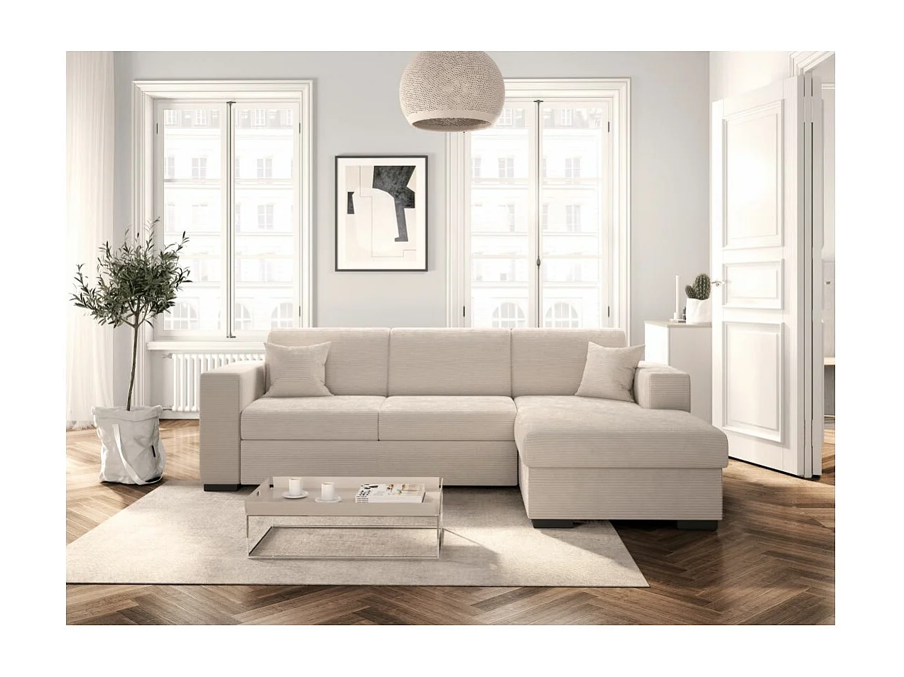 Canapé d'angle droit 4 places Fuji XL convertible avec coffre en velours côtelé - Beige - L262 x P157 x H83cm - Loungitude