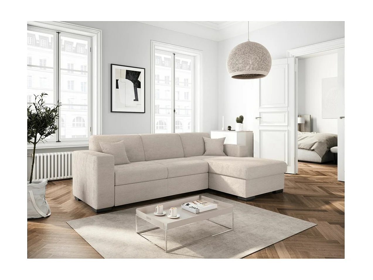 Canapé d'angle droit 4 places Fuji XL convertible avec coffre en velours côtelé - Beige - L262 x P157 x H83cm - Loungitude