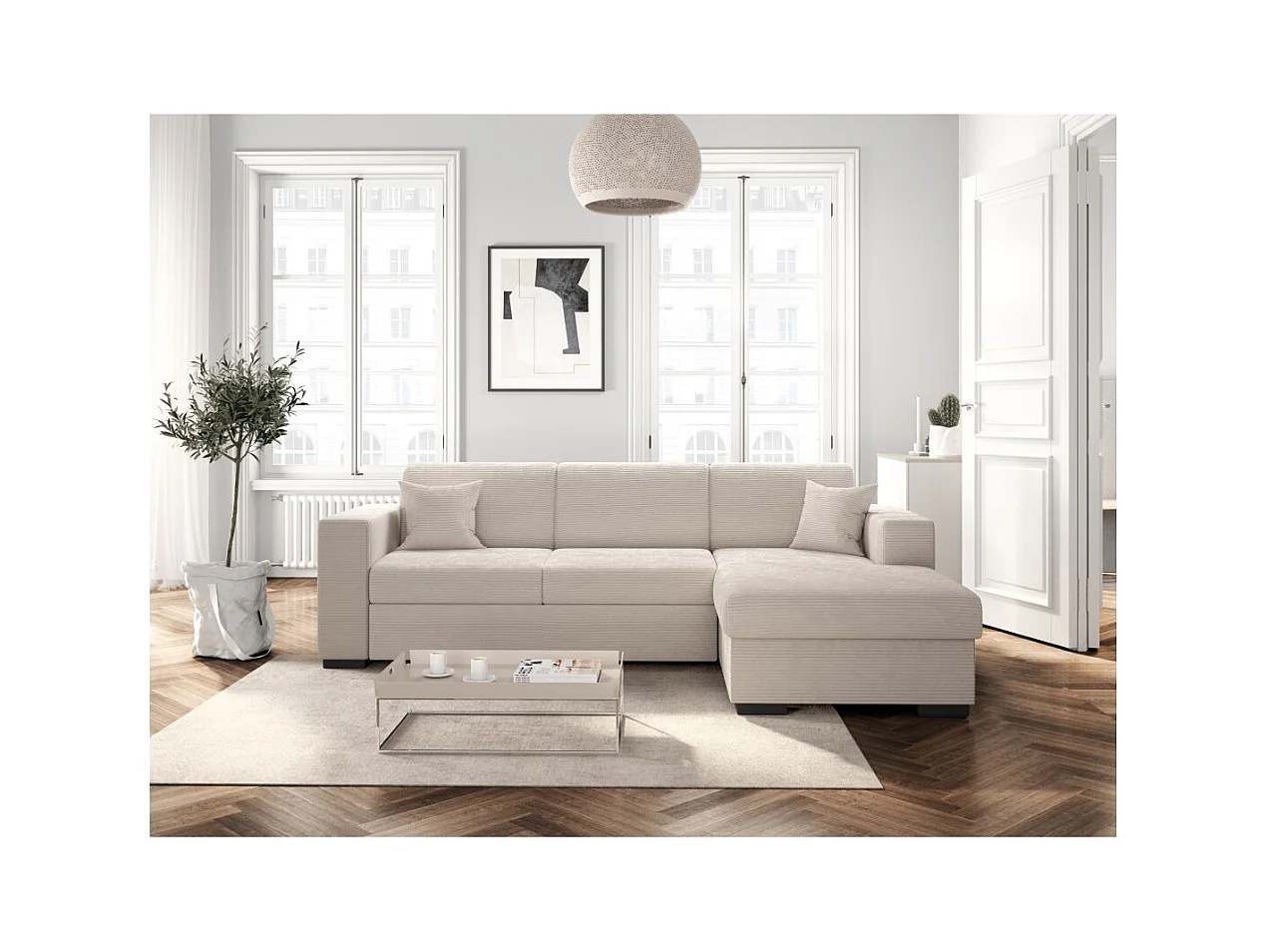 Canapé d'angle droit 4 places Fuji XL convertible avec coffre en velours côtelé - Beige - L262 x P157 x H83cm - Loungitude