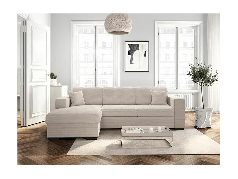 Canapé d'angle gauche 4 places Fuji XL convertible avec coffre en velours côtelé - Beige - L262 x P157 x H83cm - Loungitude