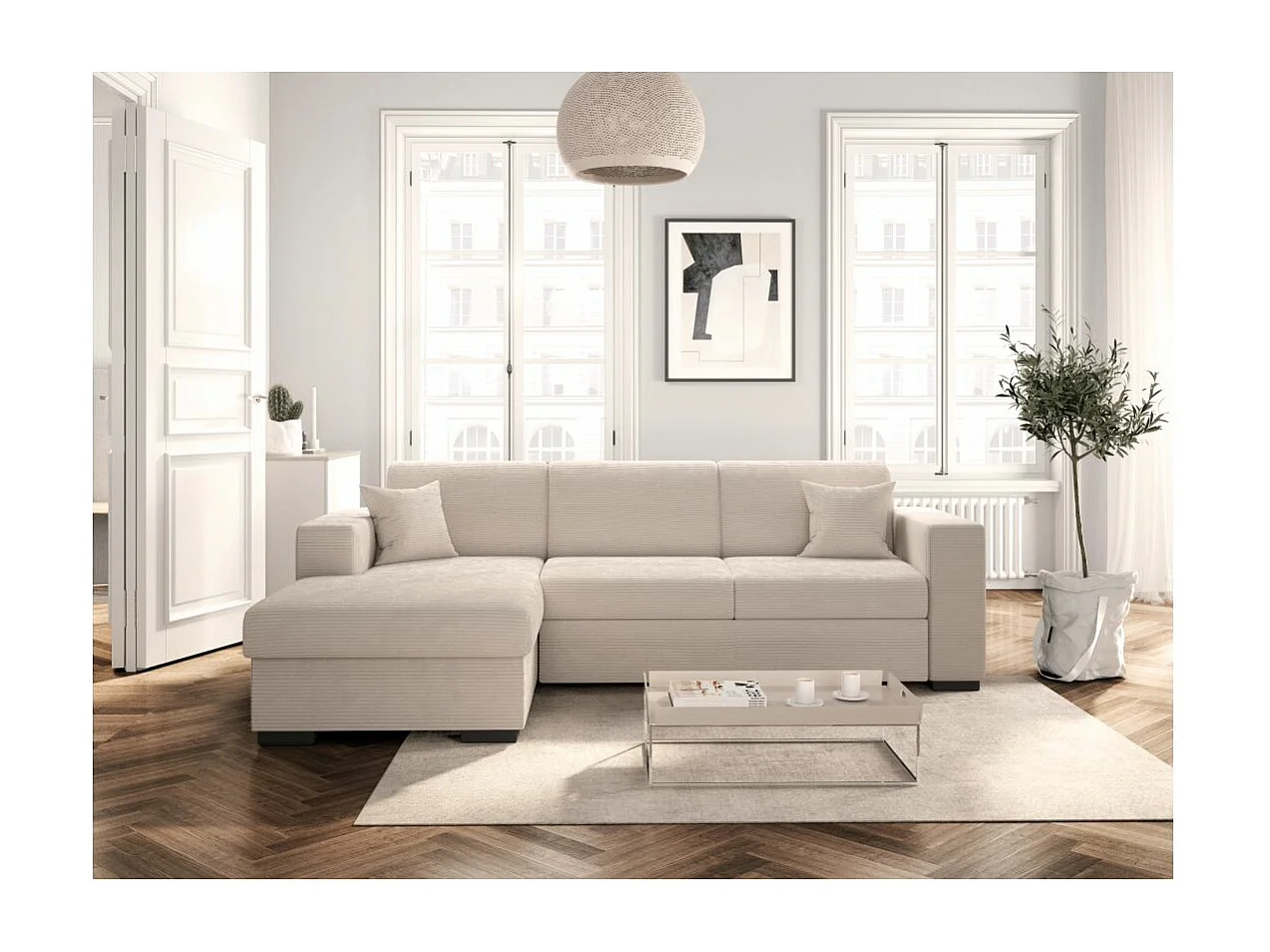 Canapé d'angle gauche 4 places Fuji XL convertible avec coffre en velours côtelé - Beige - L262 x P157 x H83cm - Loungitude