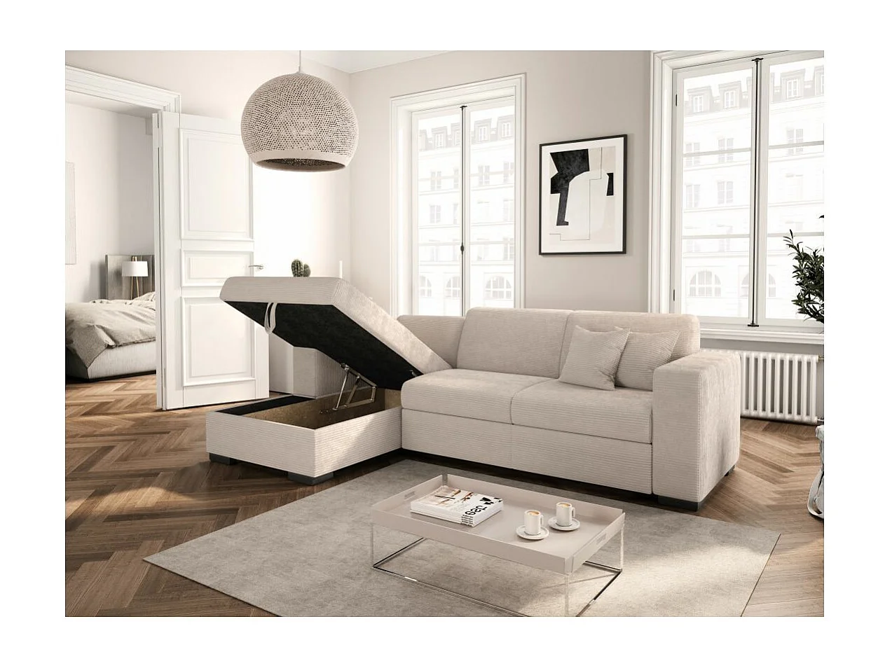 Canapé d'angle gauche 4 places Fuji XL convertible avec coffre en velours côtelé - Beige - L262 x P157 x H83cm - Loungitude