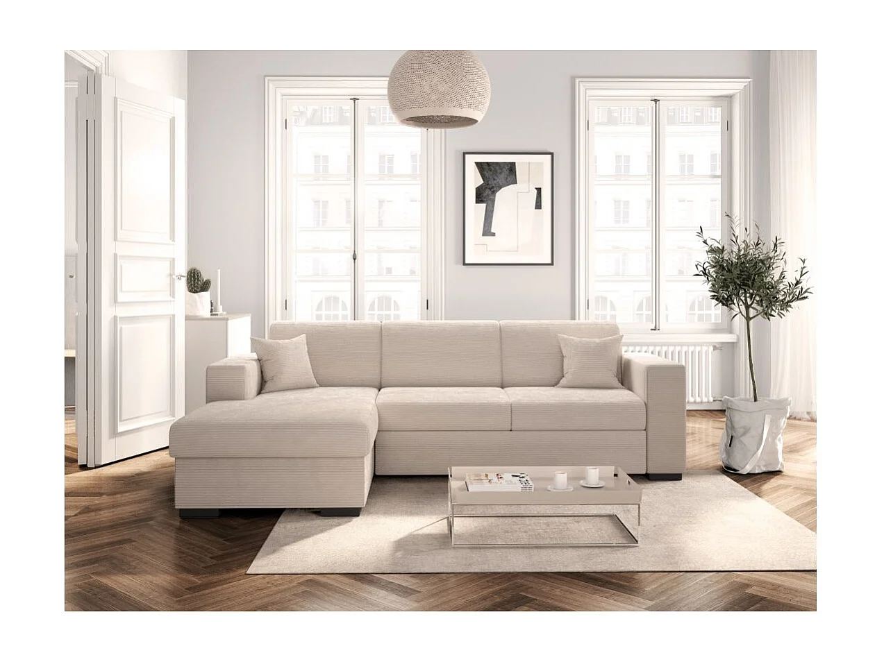Canapé d'angle gauche 4 places Fuji XL convertible avec coffre en velours côtelé - Beige - L262 x P157 x H83cm - Loungitude