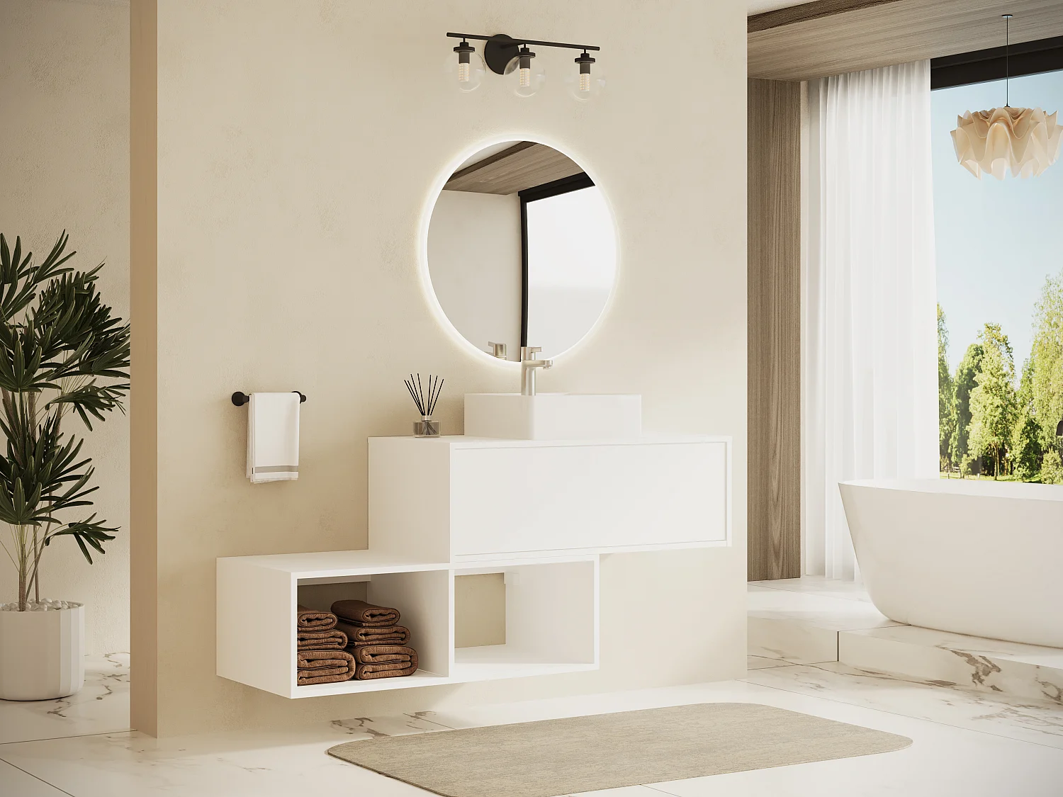Mobile sotto lavabo sospeso con 2 nicchie 94 cm Bianco - TEANA