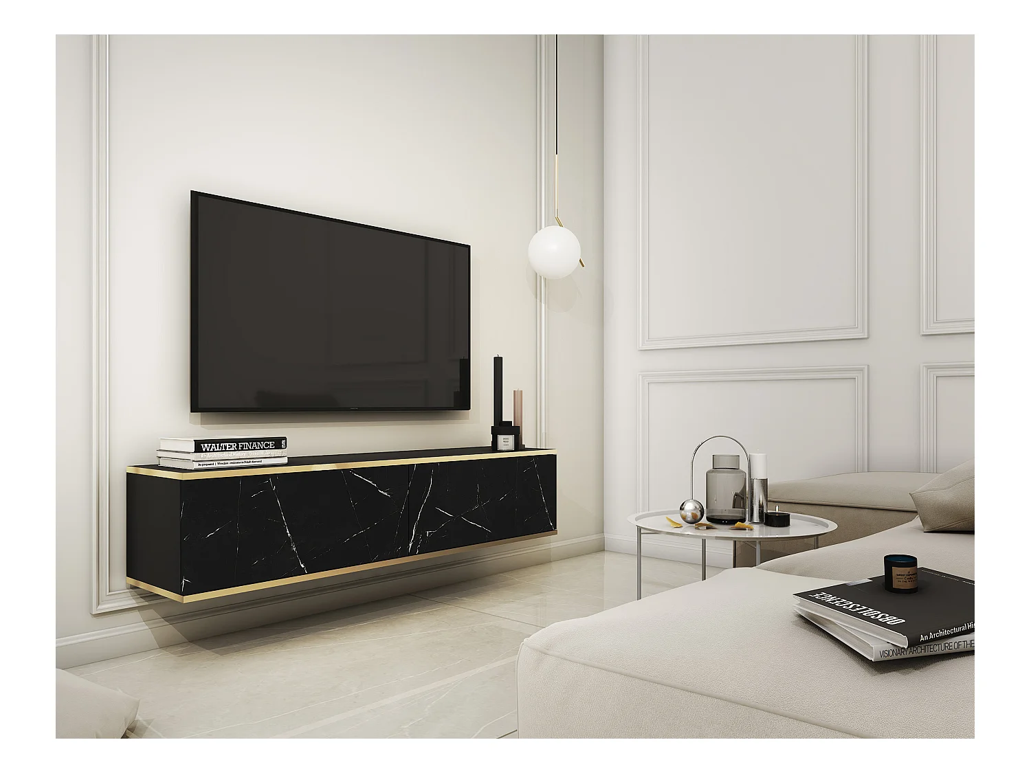Meuble TV - 135 cm - marbre noir avec inserts dorés - MUCALMA