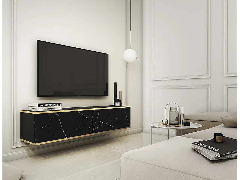 Meuble TV - 135 cm - marbre noir avec inserts dorés - MUCALMA