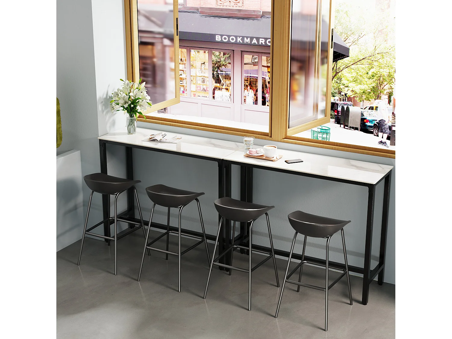 Table haute de cuisine en pierre frittée table de bar bistrot mange debout plateau aspect marbre 70x70x105cm