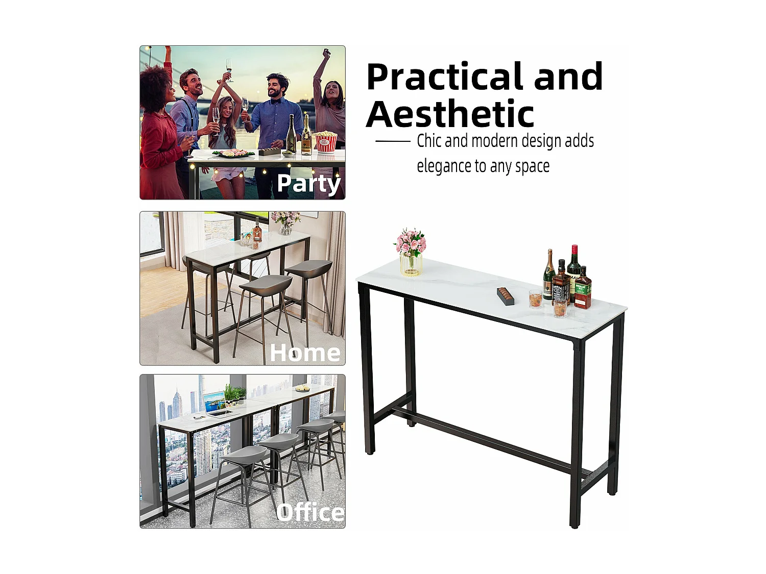 Table haute de cuisine en pierre frittée table de bar bistrot mange debout plateau aspect marbre 70x70x105cm