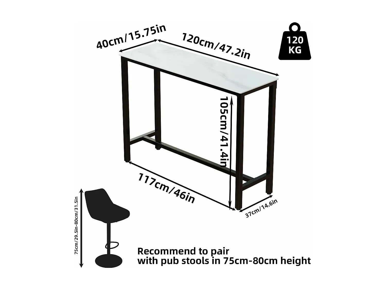 Table haute de cuisine en pierre frittée table de bar bistrot mange debout plateau aspect marbre 70x70x105cm