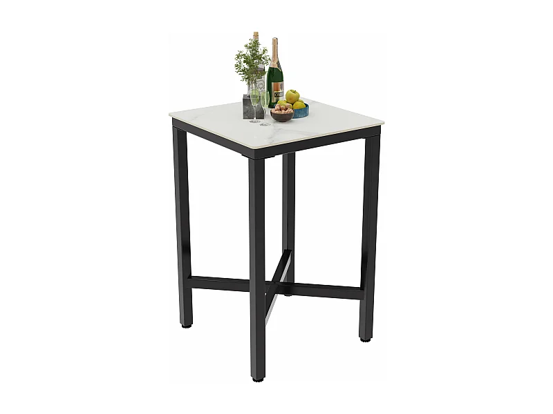 Table haute de cuisine en pierre frittée table de bar bistrot mange debout plateau aspect marbre 70x70x105cm