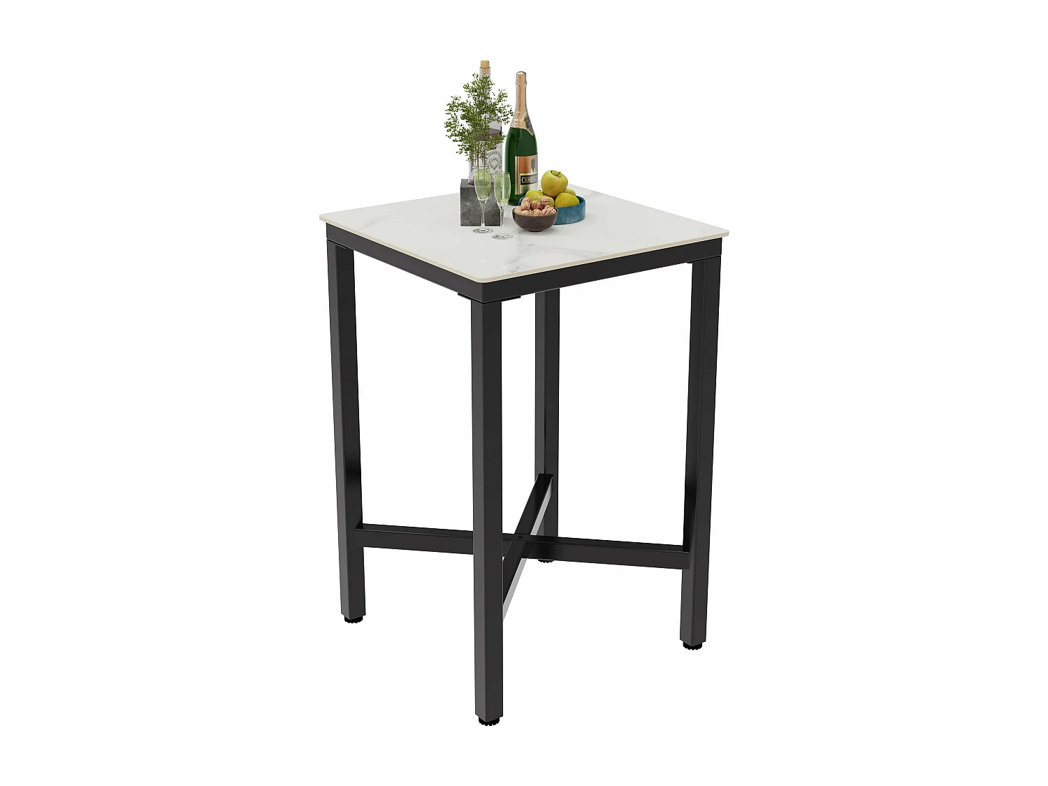 Table haute de cuisine en pierre frittée table de bar bistrot mange debout plateau aspect marbre 70x70x105cm
