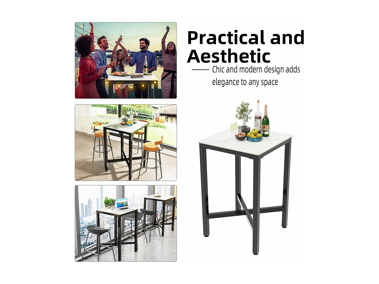 Table haute de cuisine en pierre frittée table de bar bistrot mange debout plateau aspect marbre 70x70x105cm