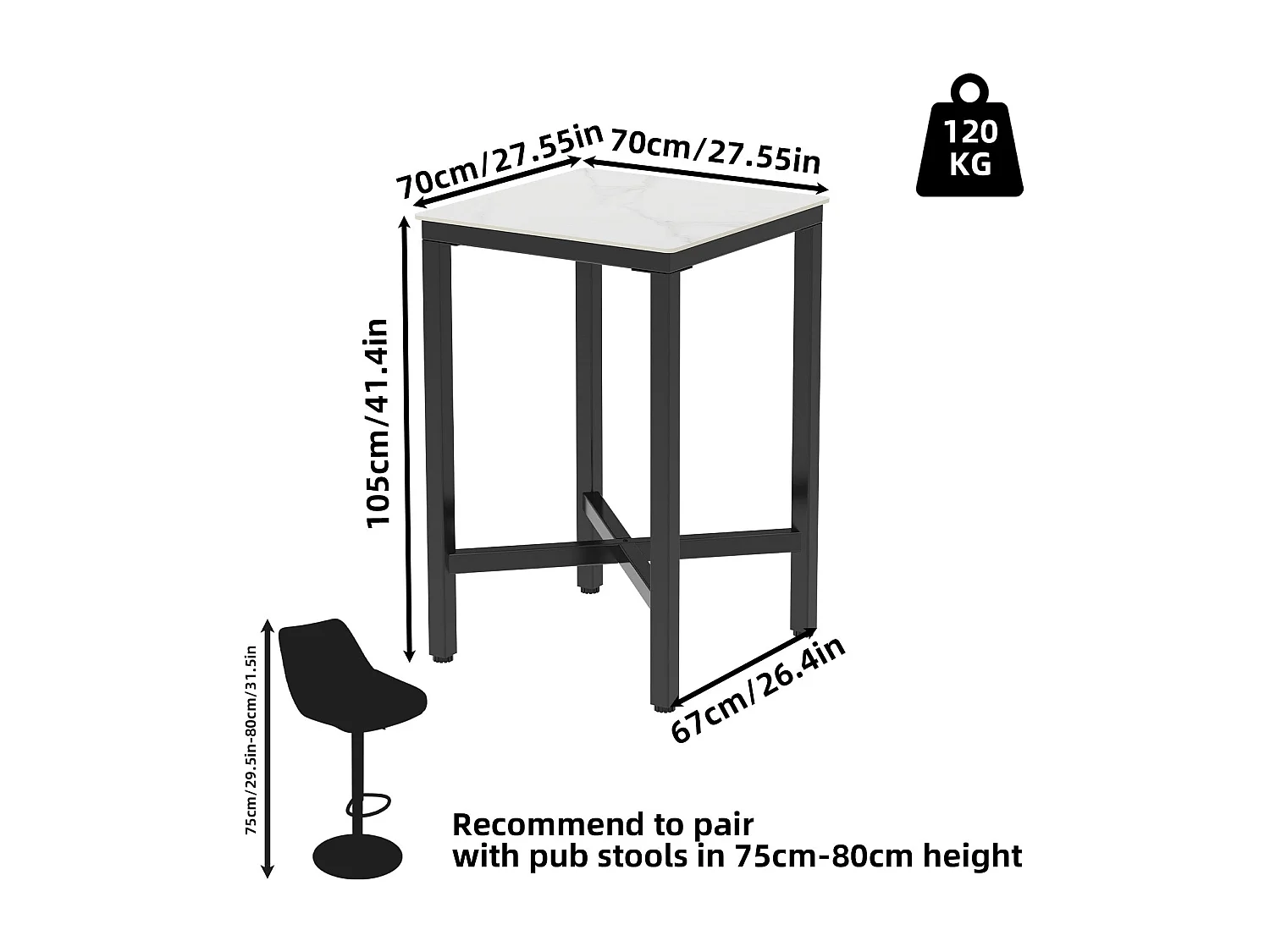 Table haute de cuisine en pierre frittée table de bar bistrot mange debout plateau aspect marbre 70x70x105cm
