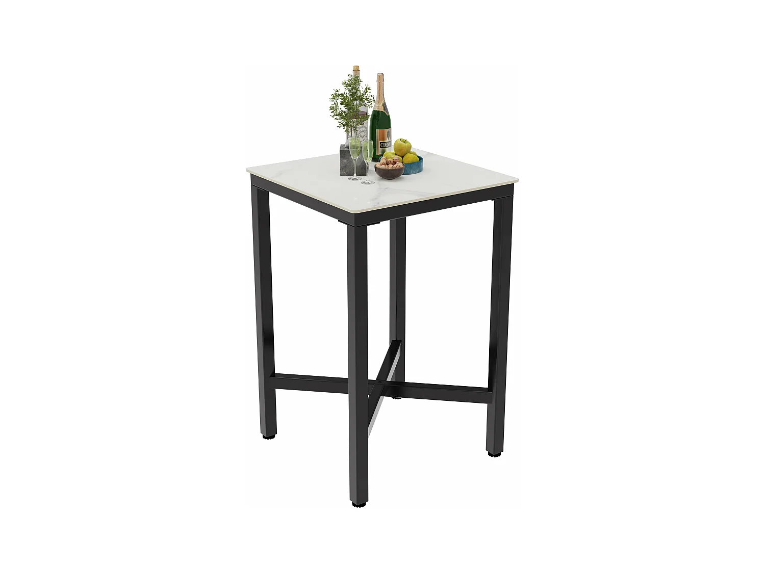 Table haute de cuisine en pierre frittée table de bar bistrot mange debout plateau aspect marbre 70x70x105cm