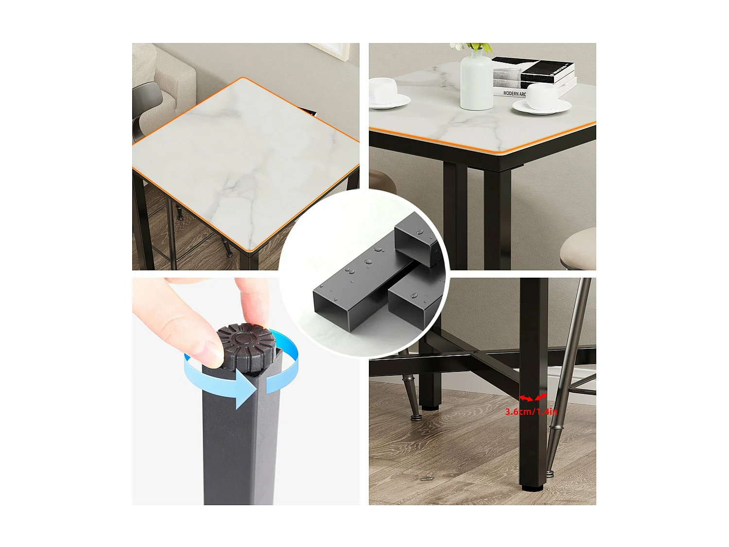 Table haute de cuisine en pierre frittée table de bar bistrot mange debout plateau aspect marbre 70x70x105cm