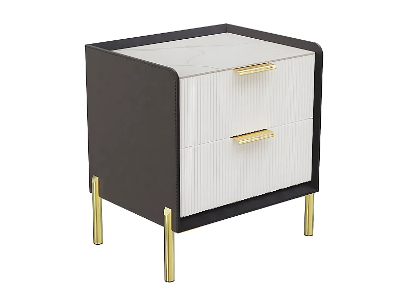 Table de chevet en pierre frittée et cuir avec 2 tiroirs scandinave pour chambre - noir et blanc 48.5x38.5x53cm