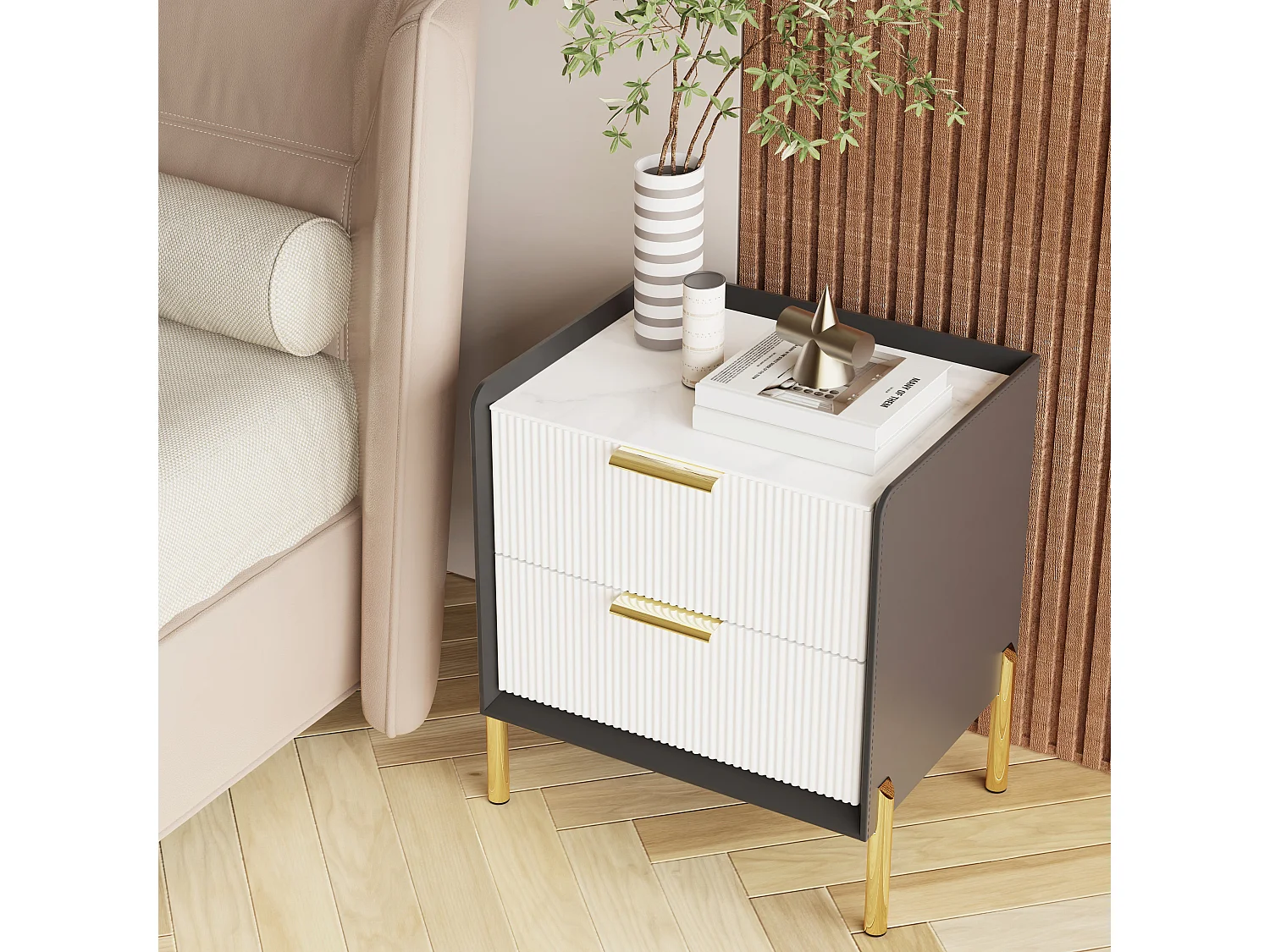 Table de chevet en pierre frittée et cuir avec 2 tiroirs scandinave pour chambre - noir et blanc 48.5x38.5x53cm