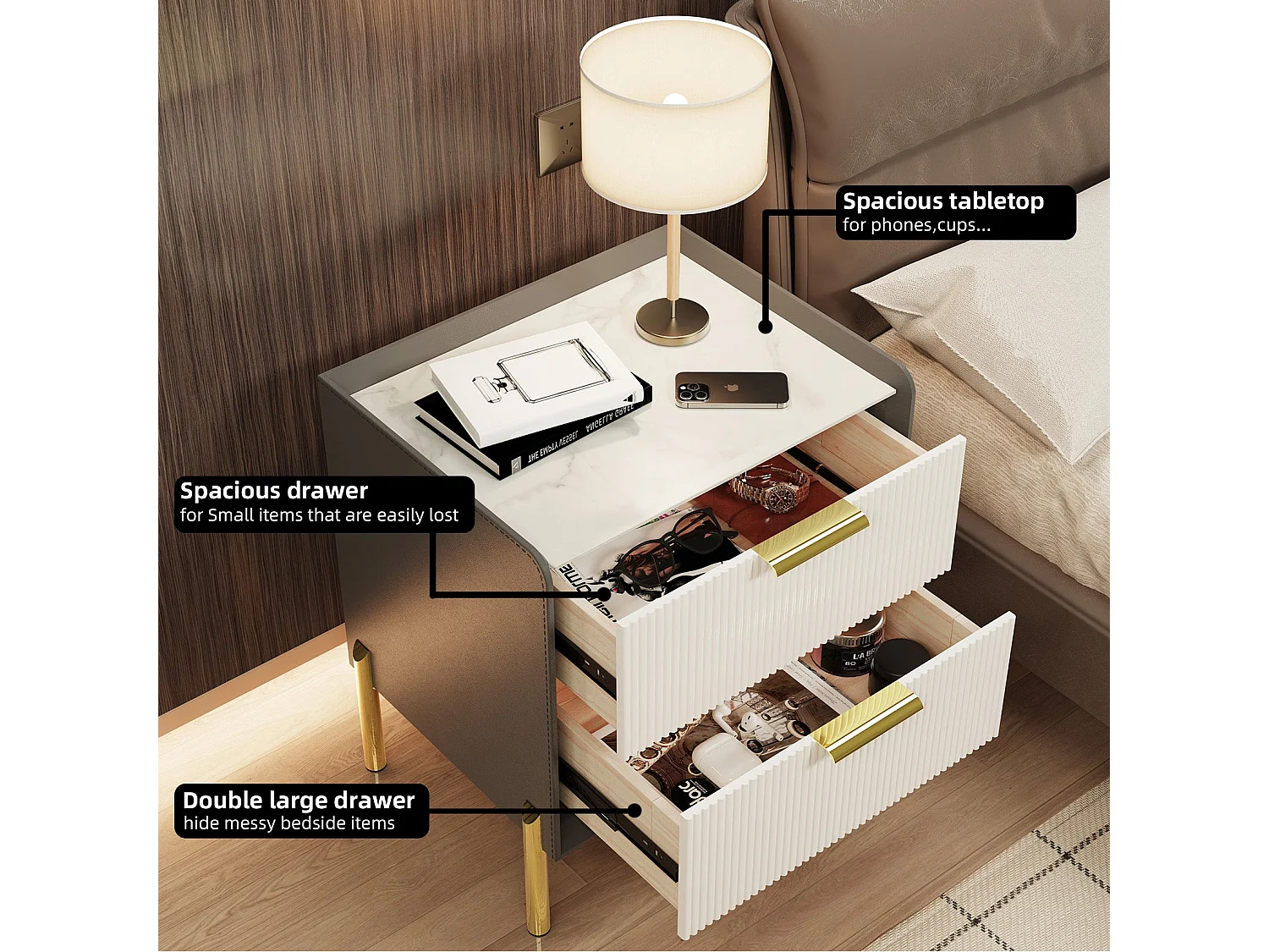 Table de chevet en pierre frittée et cuir avec 2 tiroirs scandinave pour chambre - noir et blanc 48.5x38.5x53cm