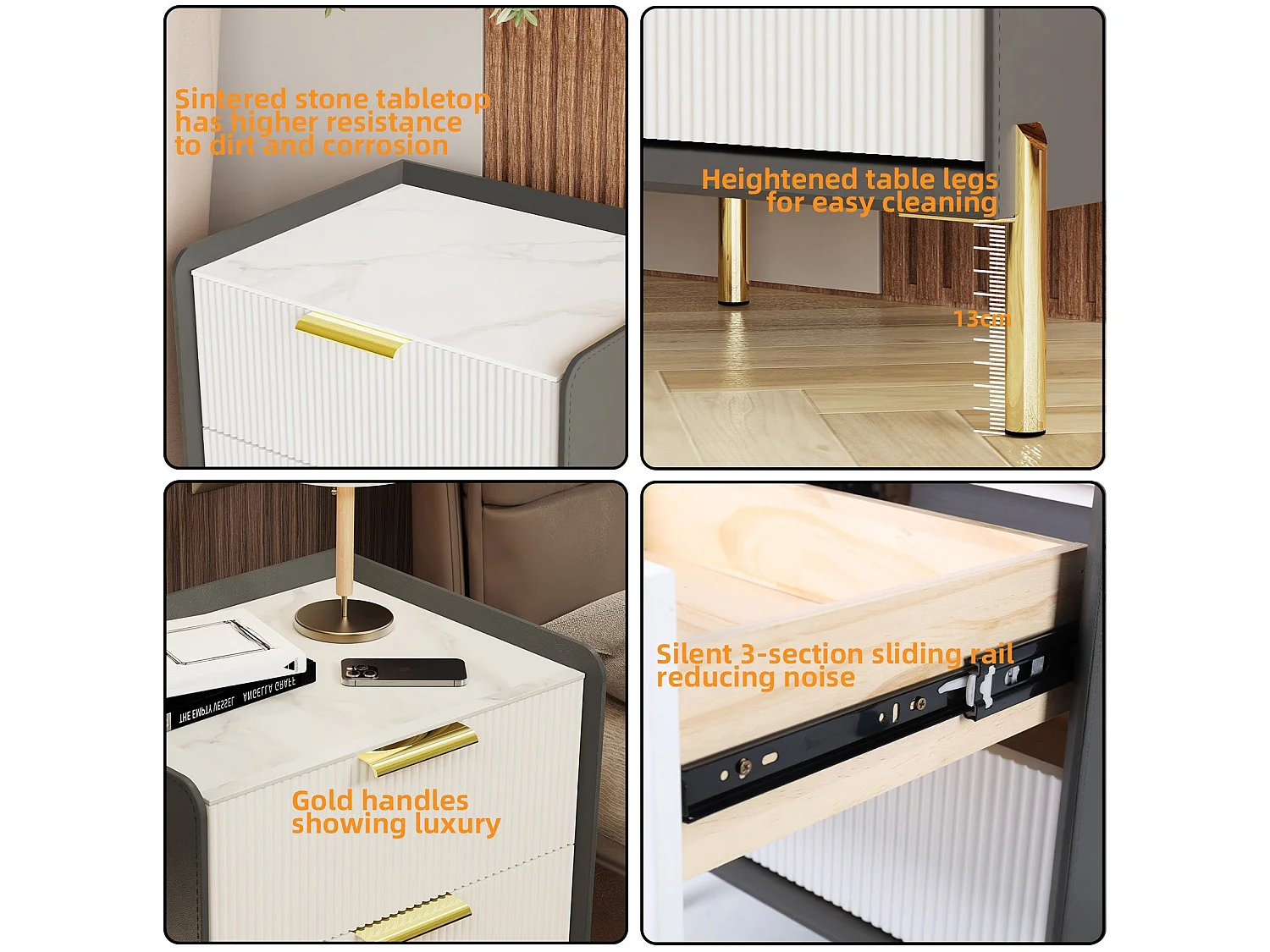 Table de chevet en pierre frittée et cuir avec 2 tiroirs scandinave pour chambre - noir et blanc 48.5x38.5x53cm