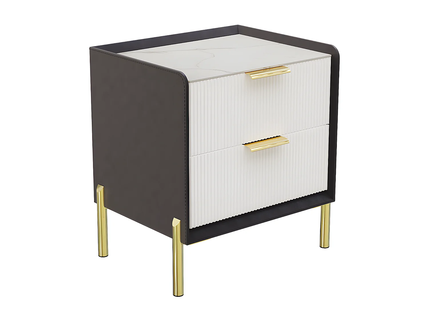 Table de chevet en pierre frittée et cuir avec 2 tiroirs scandinave pour chambre - noir et blanc 48.5x38.5x53cm