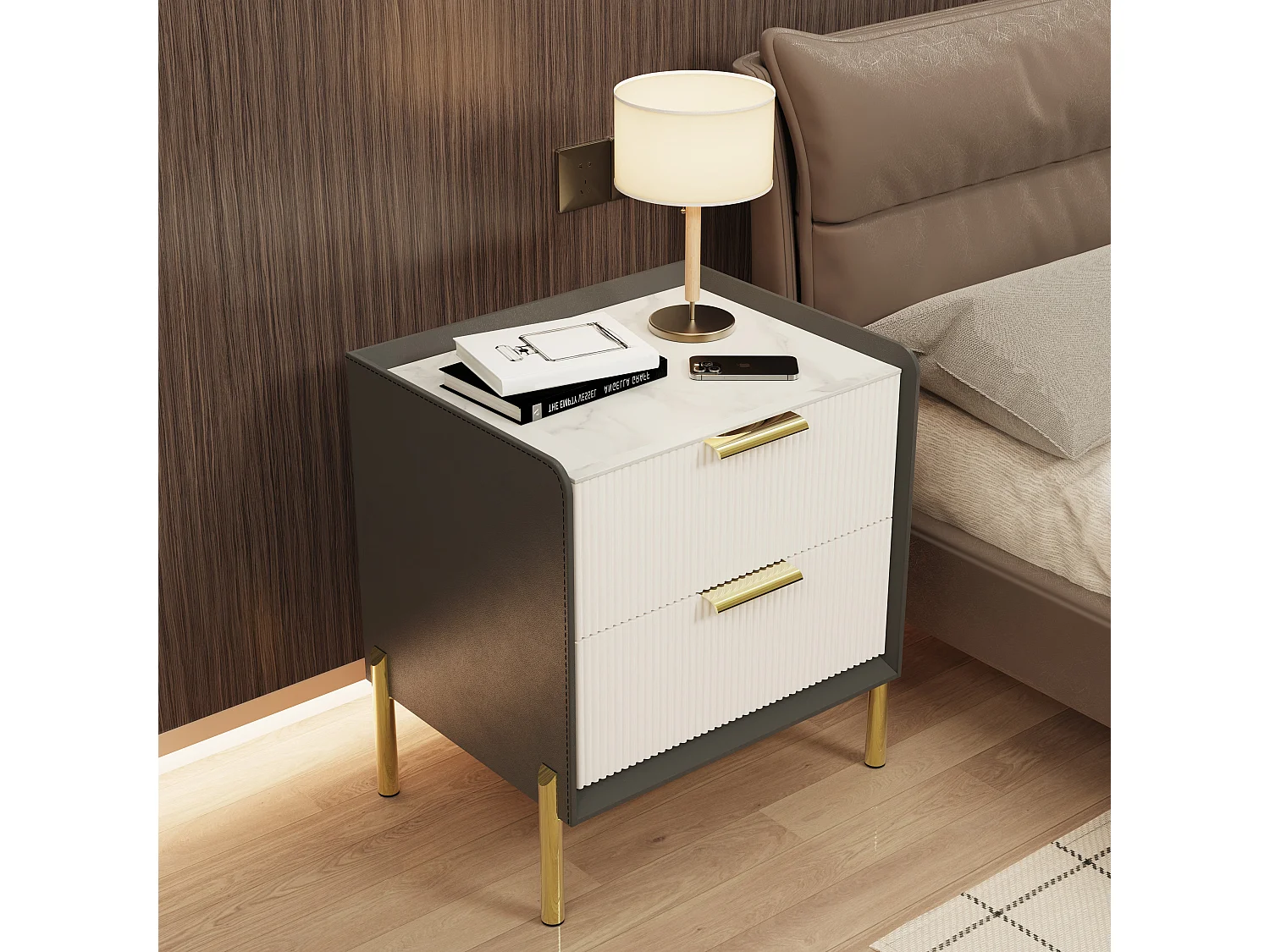 Table de chevet en pierre frittée et cuir avec 2 tiroirs scandinave pour chambre - noir et blanc 48.5x38.5x53cm