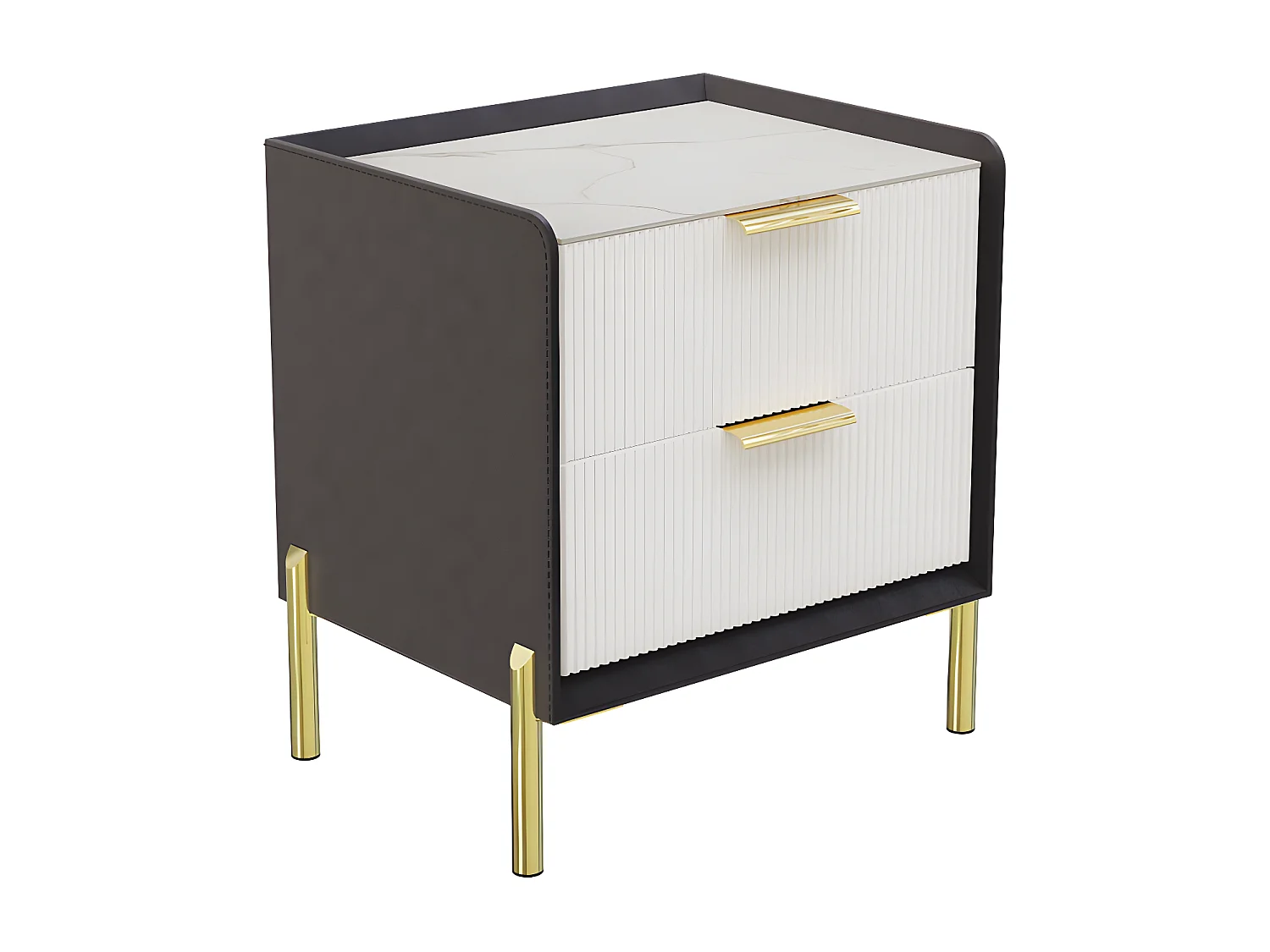 Table de chevet en pierre frittée et cuir avec 2 tiroirs scandinave pour chambre - noir et blanc 48.5x38.5x53cm