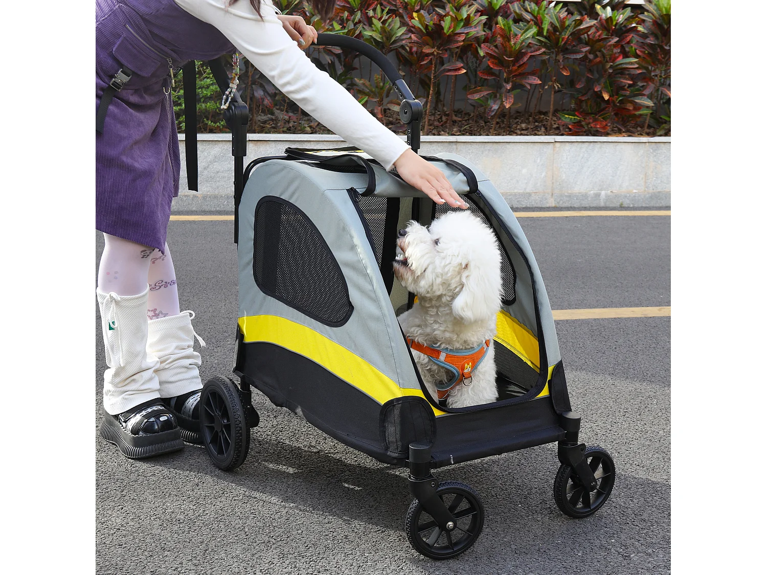 Chariot à roulettes pour animaux 4 roues poussette chien de petite taille pliable 57x76x102cm