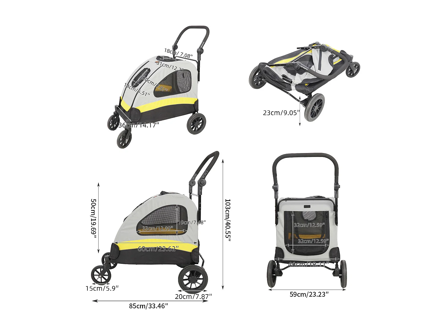 Chariot à roulettes pour animaux 4 roues poussette chien de petite taille pliable 57x76x102cm