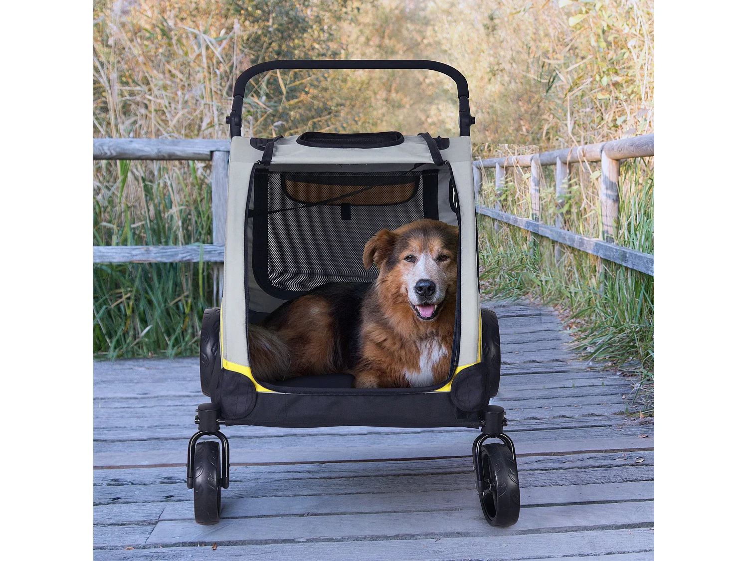 Poussette grand chien pliable chariot à roulettes pour animaux 4 roues pour chiens moins de 65kg 107x74x112cm
