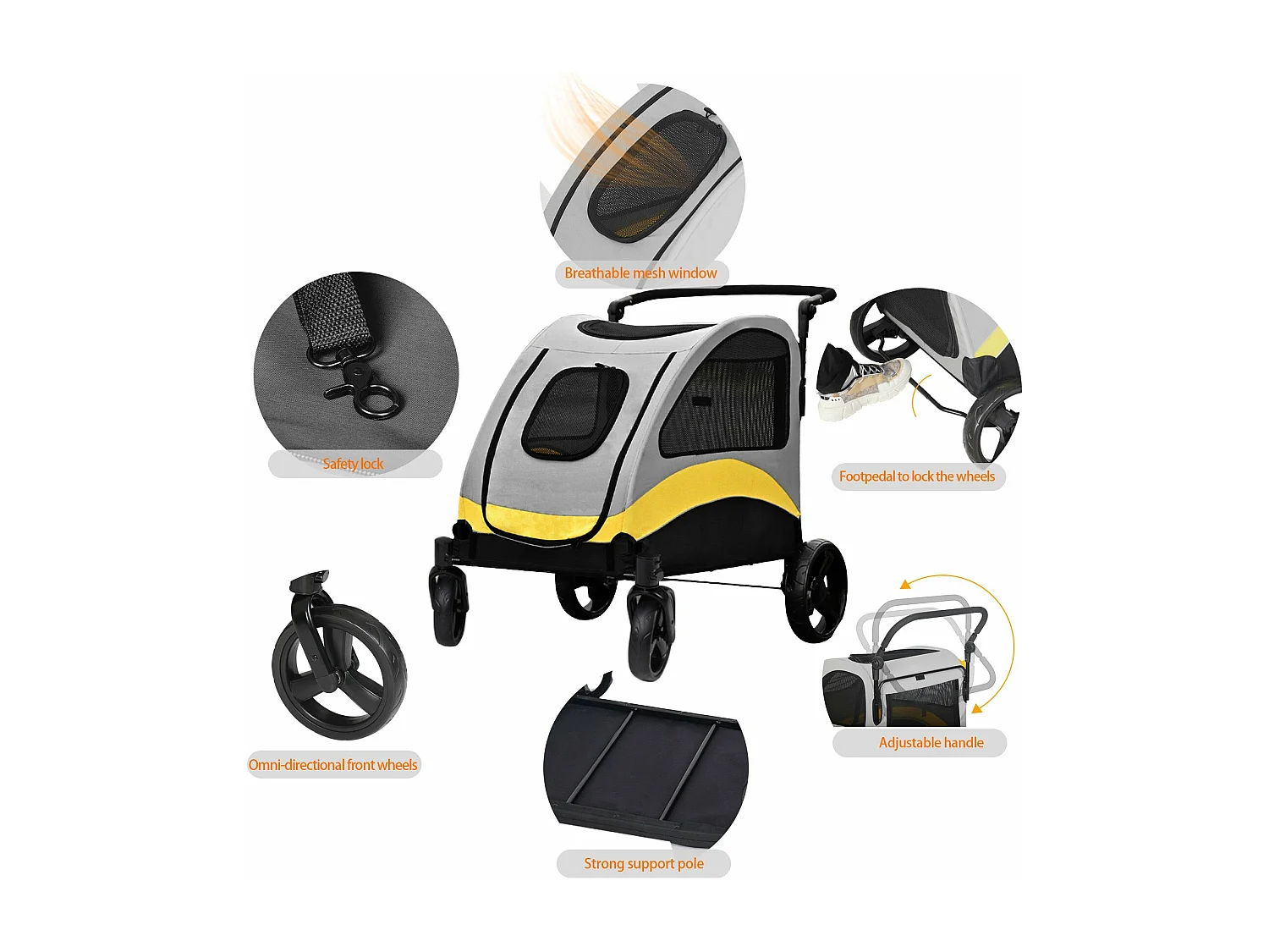 Poussette grand chien pliable chariot à roulettes pour animaux 4 roues pour chiens moins de 65kg 107x74x112cm