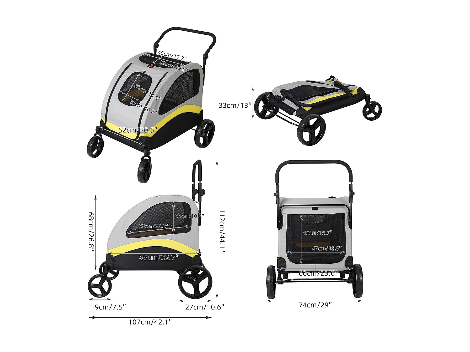 Poussette grand chien pliable chariot à roulettes pour animaux 4 roues pour chiens moins de 65kg 107x74x112cm
