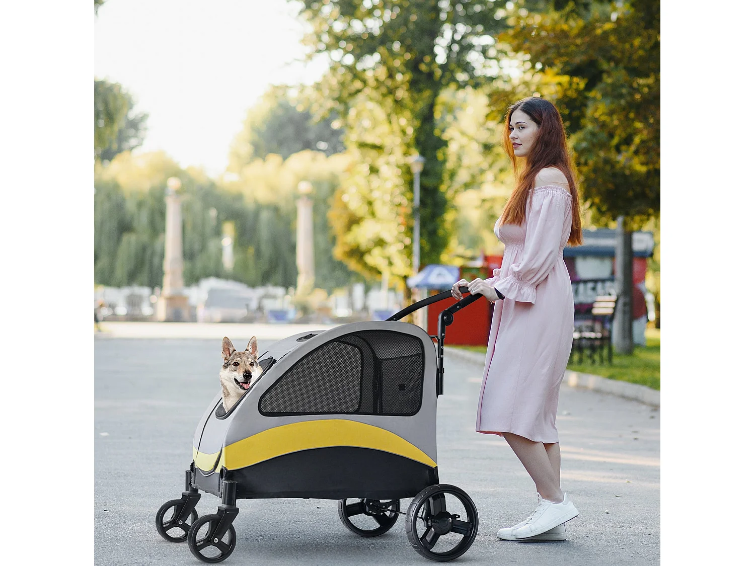 Chariot à roulettes pour animaux 4 roues poussette chien de moyen taille pliable pour chiens moins de 55kg 52x100x112cm