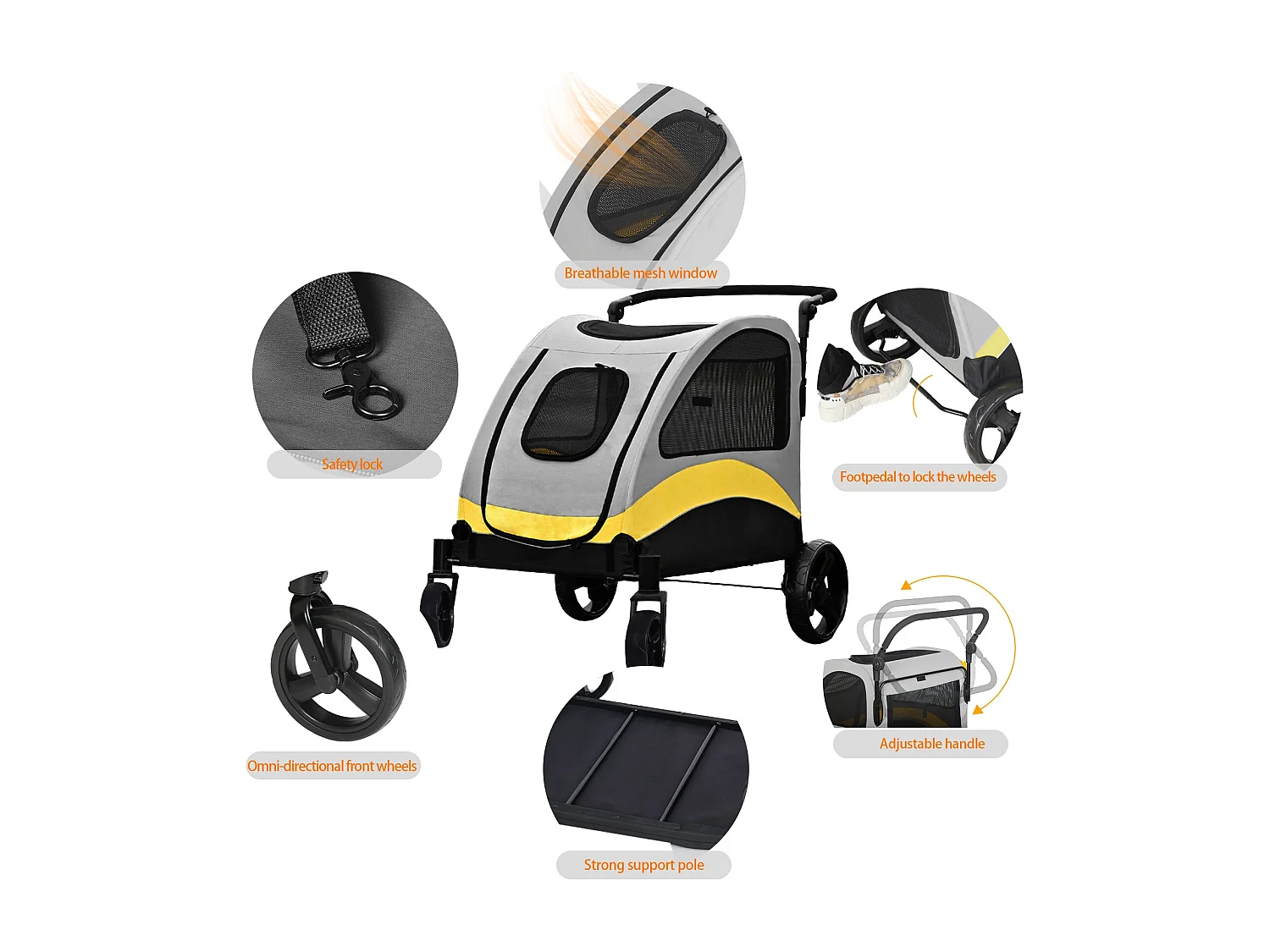 Chariot à roulettes pour animaux 4 roues poussette chien de moyen taille pliable pour chiens moins de 55kg 52x100x112cm