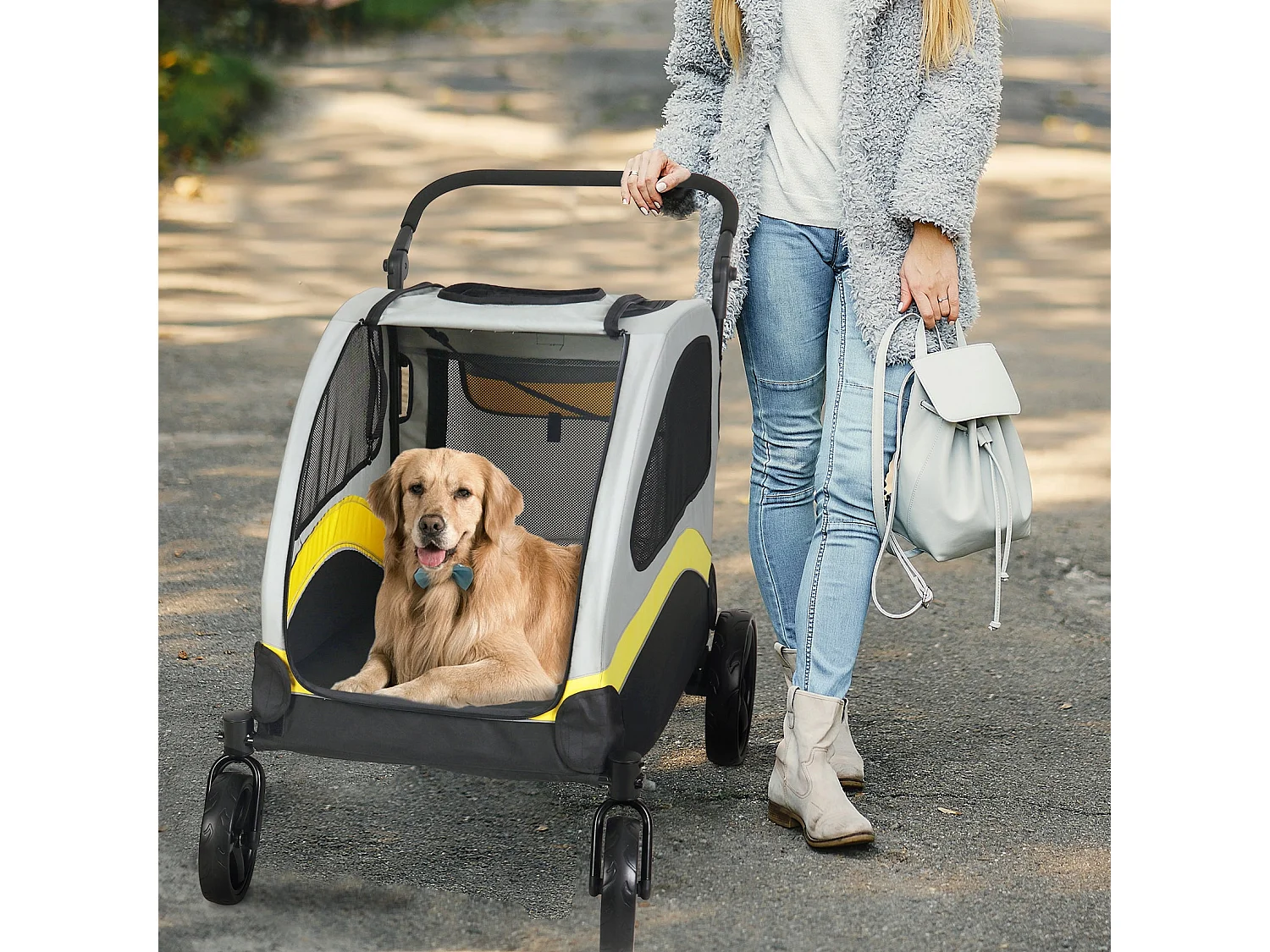 Chariot à roulettes pour animaux 4 roues poussette chien de moyen taille pliable pour chiens moins de 55kg 52x100x112cm