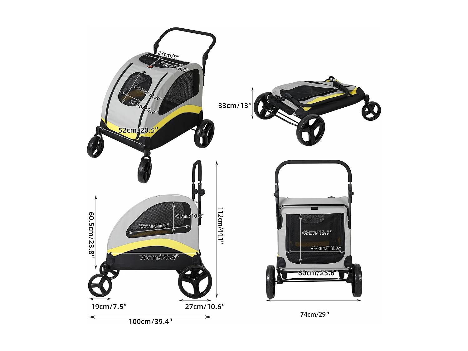 Chariot à roulettes pour animaux 4 roues poussette chien de moyen taille pliable pour chiens moins de 55kg 52x100x112cm