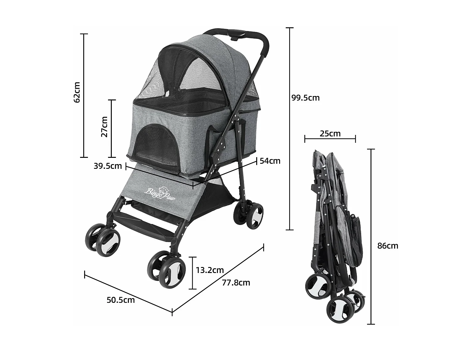 Poussette pour chien pliable chariot pour chat à 4 roues avec habillage de pluie pour animal de compagnie capcité de 20kg 50.5x77.8x99.5cm